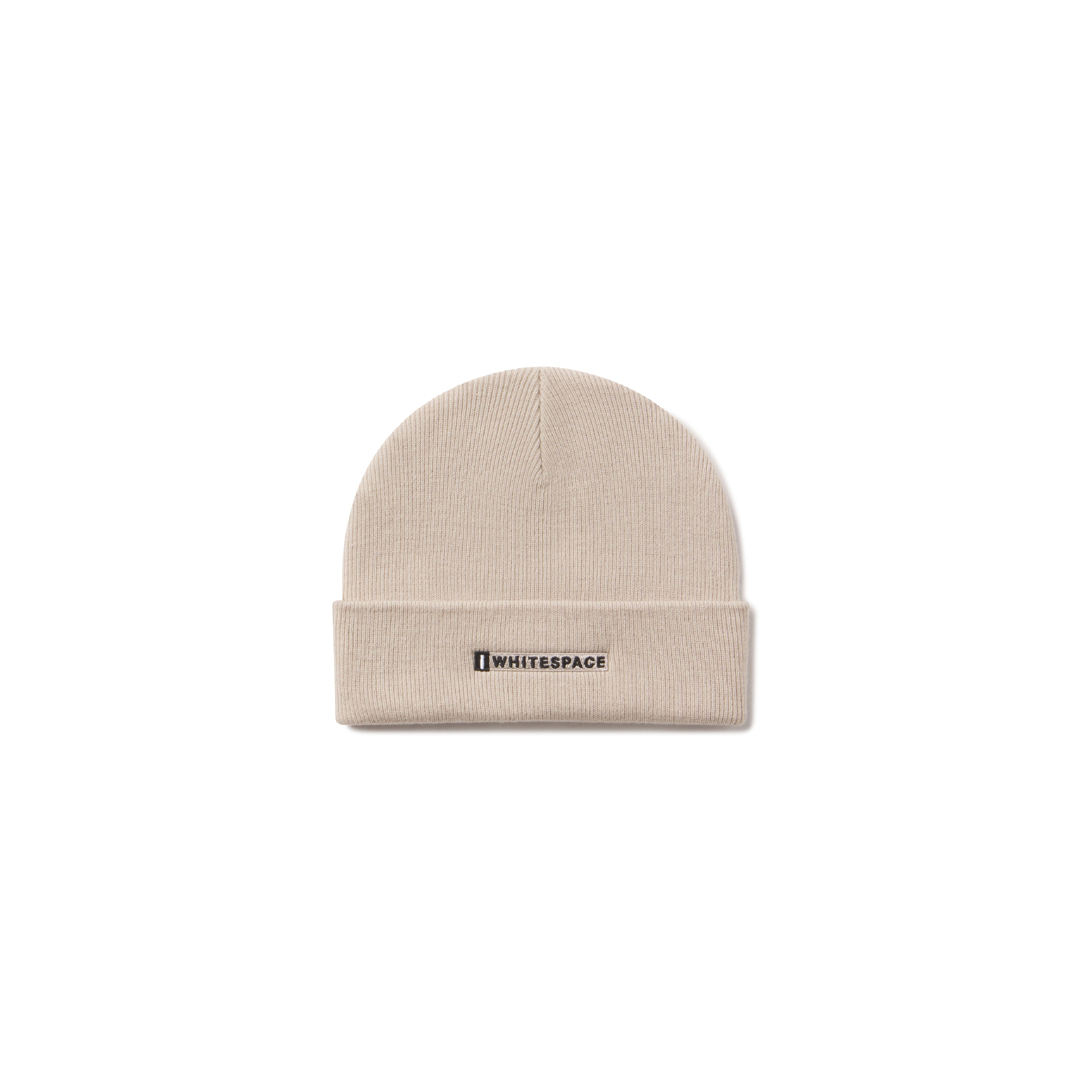 Beige beanie with WHITESPACE logo on a white background