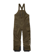 Olive green technical snow bib pants with black inner leg panels and white 'WHITEACE' branding on the lower left leg, shown flat on a white background.