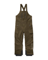 Olive green technical snow bib pants with black inner leg panels and white 'WHITEACE' branding on the lower left leg, shown flat on a white background.