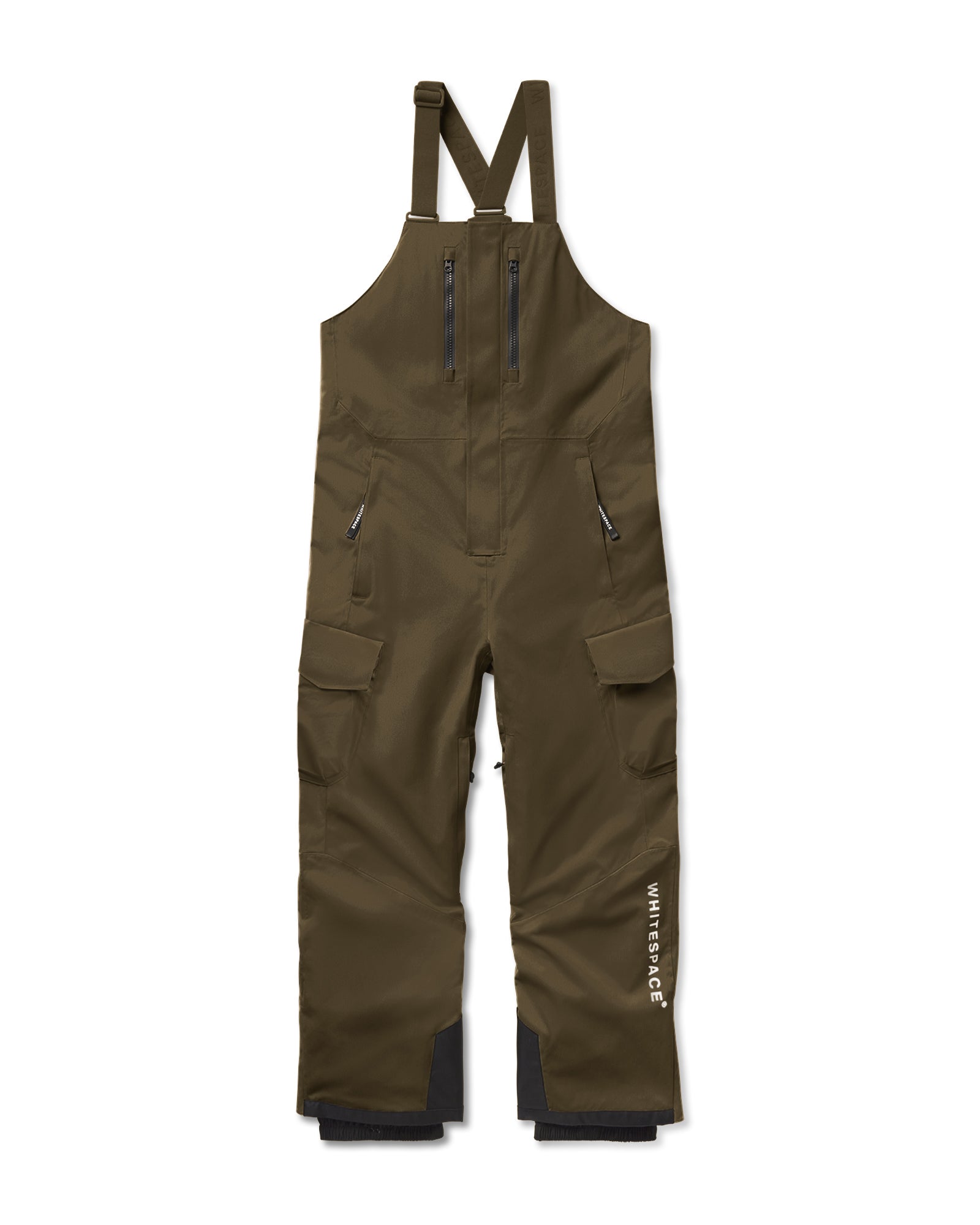 Olive green technical snow bib pants with black inner leg panels and white 'WHITEACE' branding on the lower left leg, shown flat on a white background.