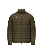 An olive green puffer jacket with a stand-up collar, full-length front zipper, and zippered hand pockets with WHITESPACE branding on forearms and on right shoulder, shown against a plain white background.