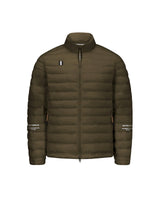 An olive green puffer jacket with a stand-up collar, full-length front zipper, and zippered hand pockets with WHITESPACE branding on forearms and on right shoulder, shown against a plain white background.