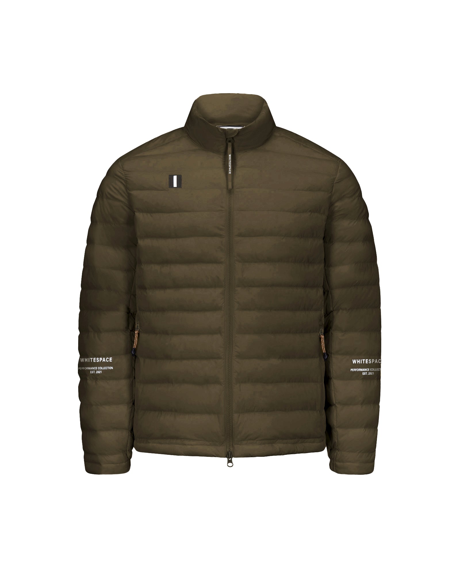 An olive green puffer jacket with a stand-up collar, full-length front zipper, and zippered hand pockets with WHITESPACE branding on forearms and on right shoulder, shown against a plain white background.