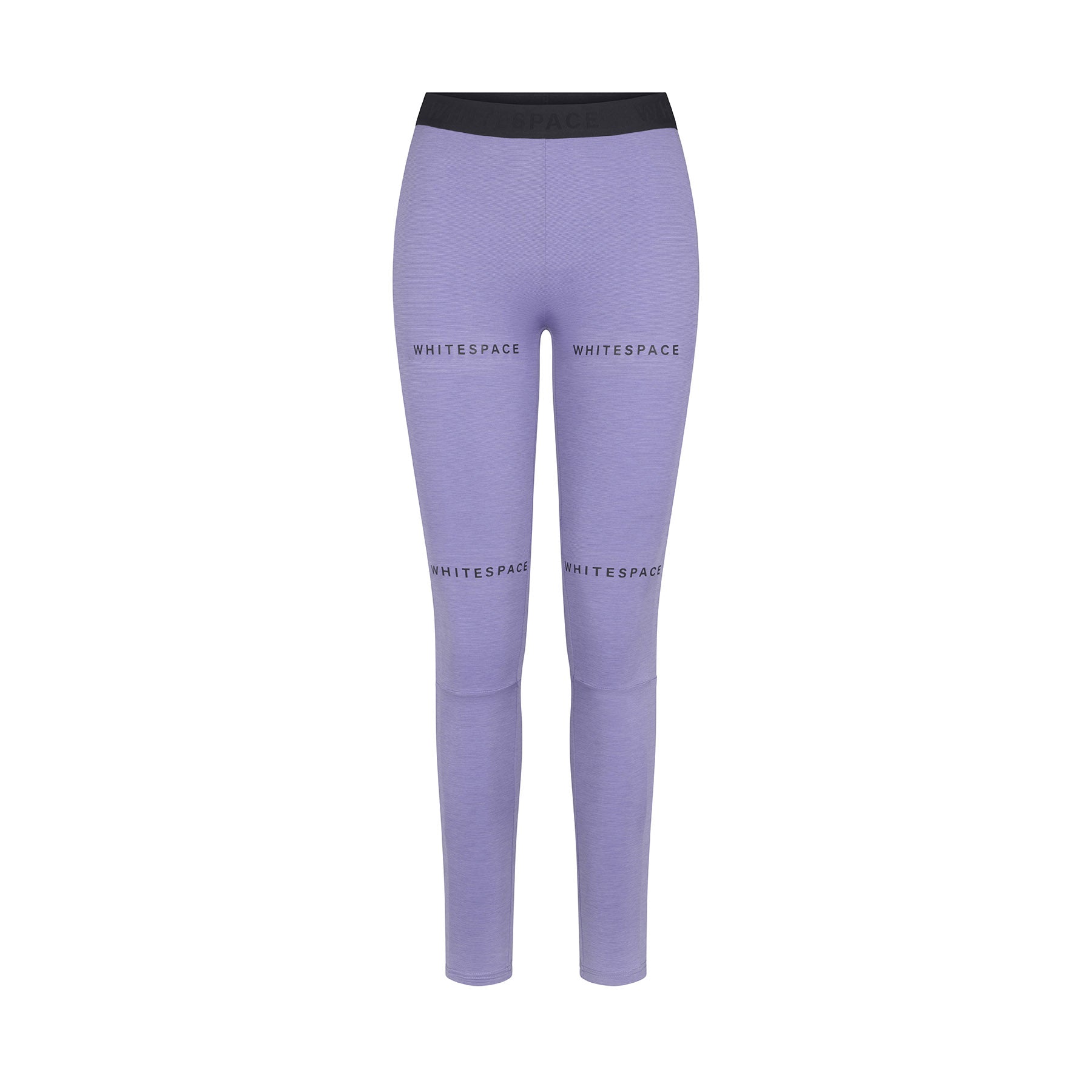 Purple leggings with 'whitespace' branding on a white background