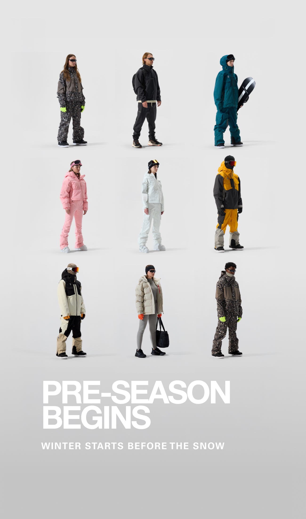 Models in WHITESPACE winter kits lined up against a light gray background with the text 'PRE-SEASON BEGINS' and 'WINTER STARTS BEFORE THE SNOW'.