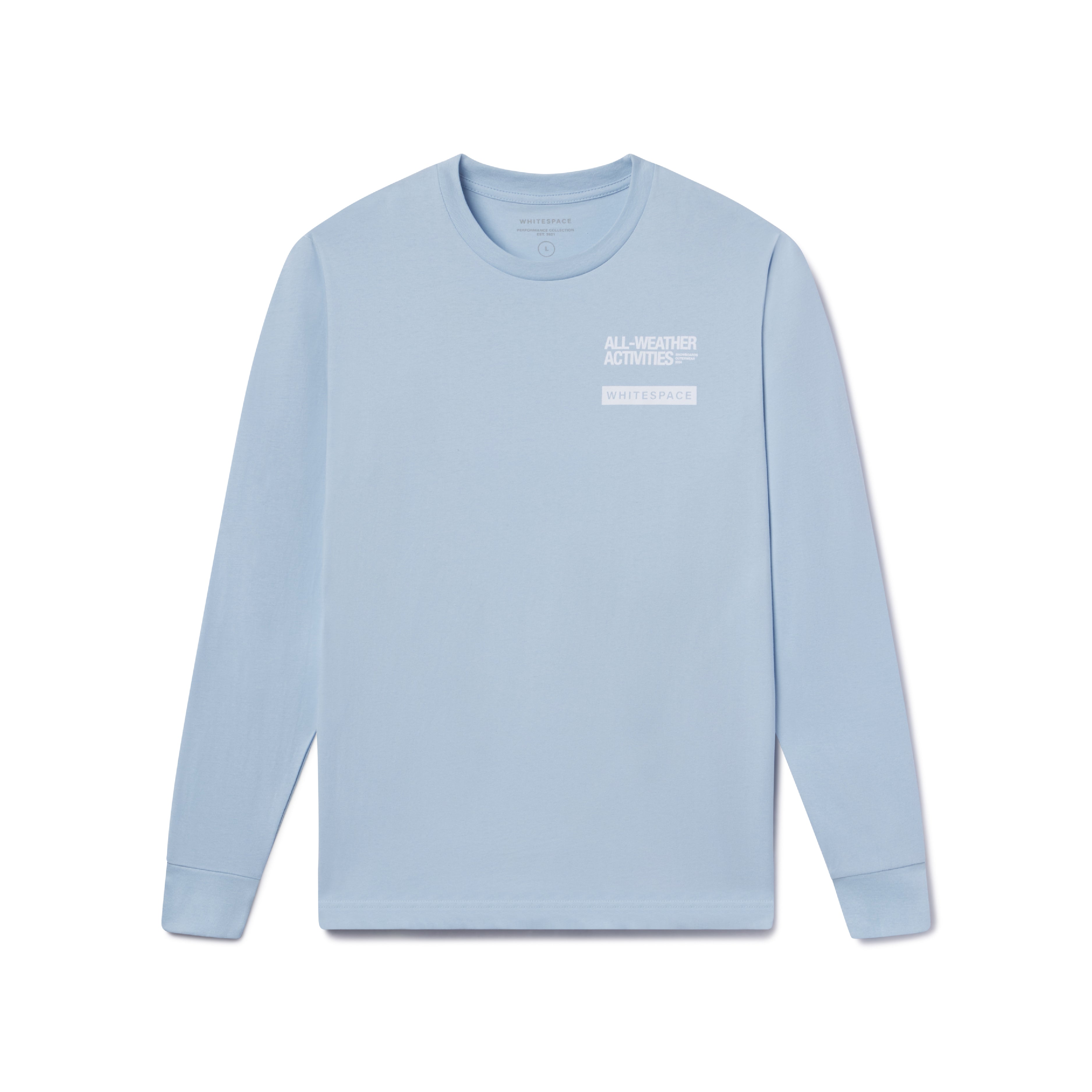 Light blue long-sleeve shirt with small WHITESPACE branding on a white background