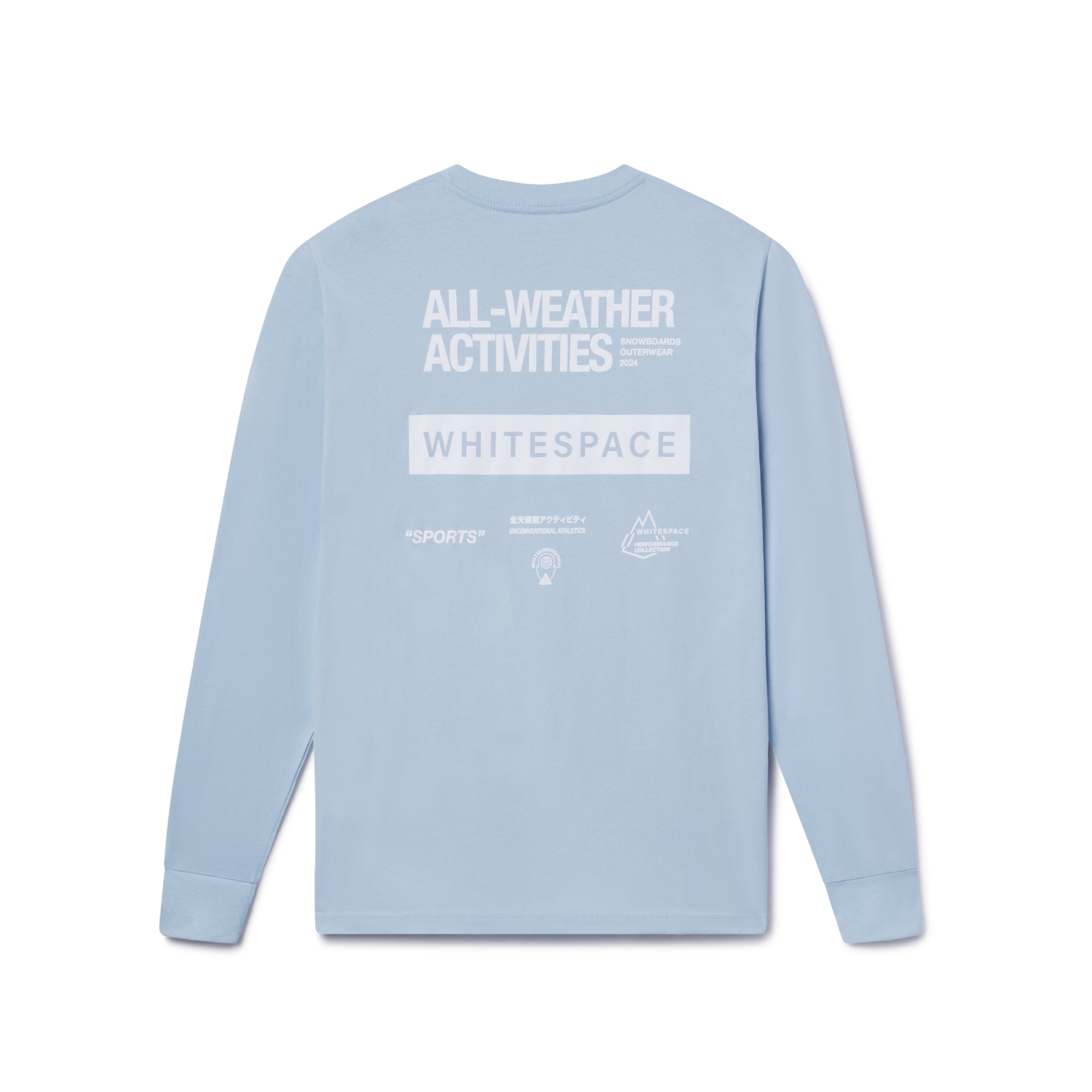 Light blue long-sleeve shirt with WHITESPACE branding on the back on a white background