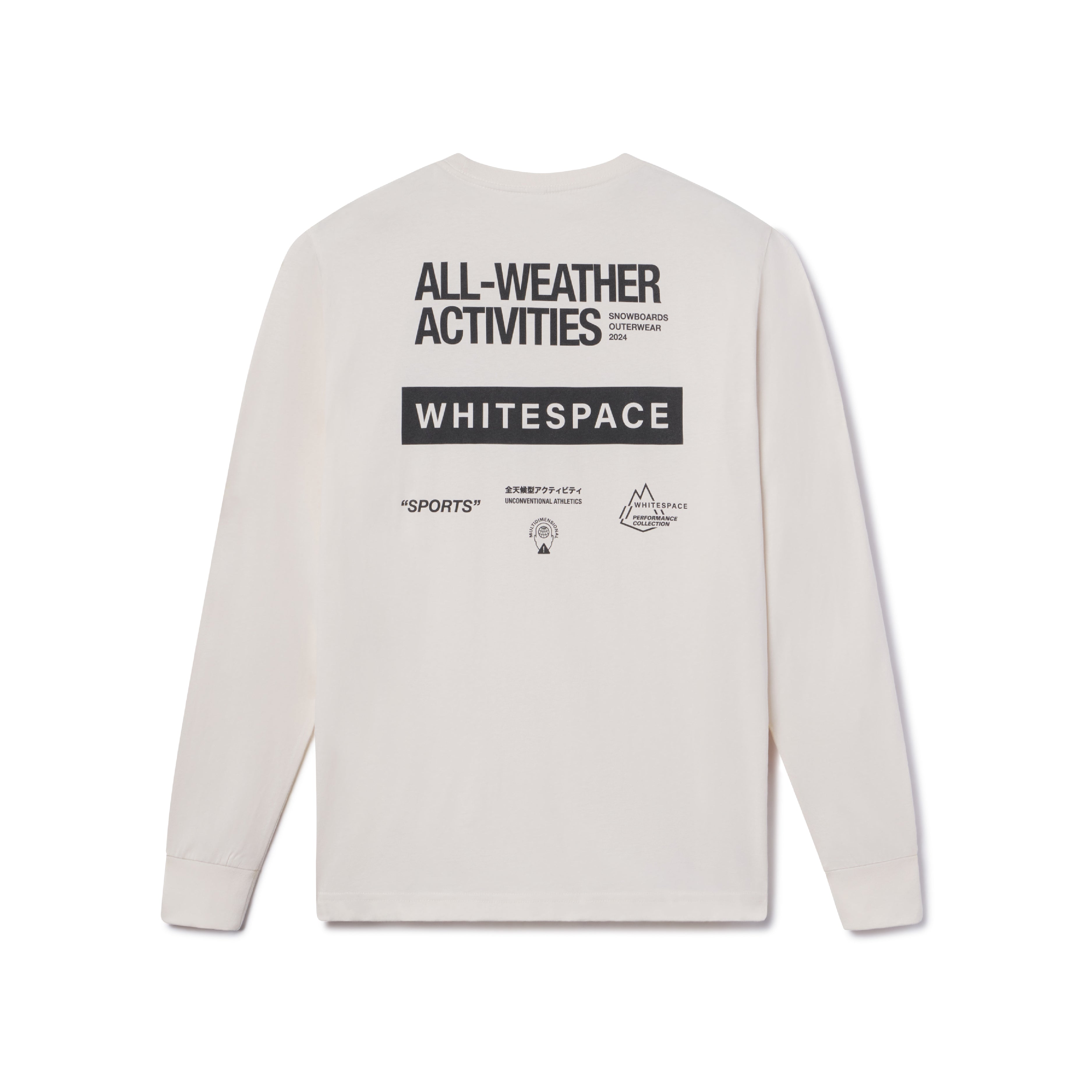 White long-sleeve shirt with WHITESPACE branding on the back, on a white background