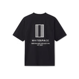 Black t-shirt with WHITESPACE logo on the back, on a white background