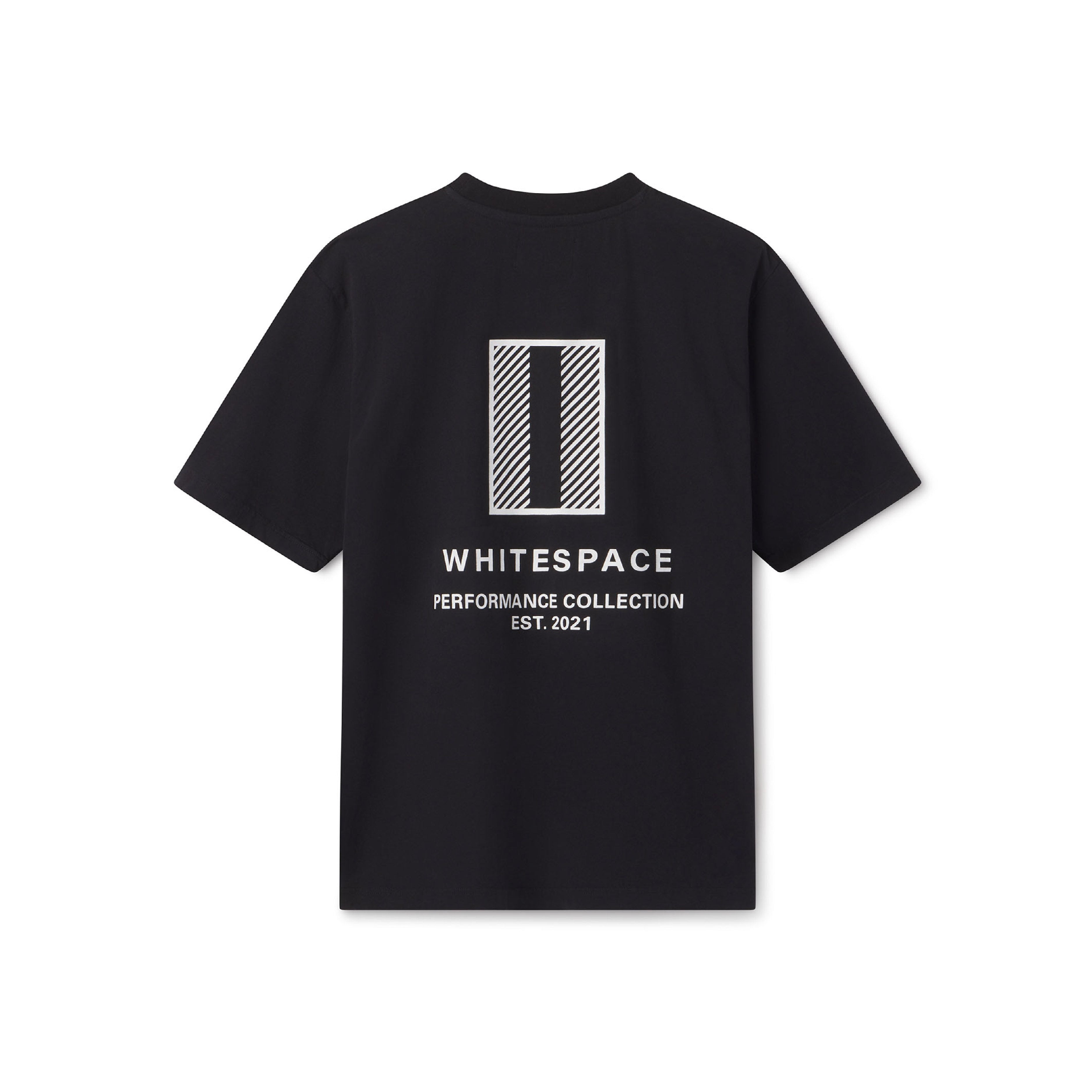 Black t-shirt with WHITESPACE logo on the back, on a white background