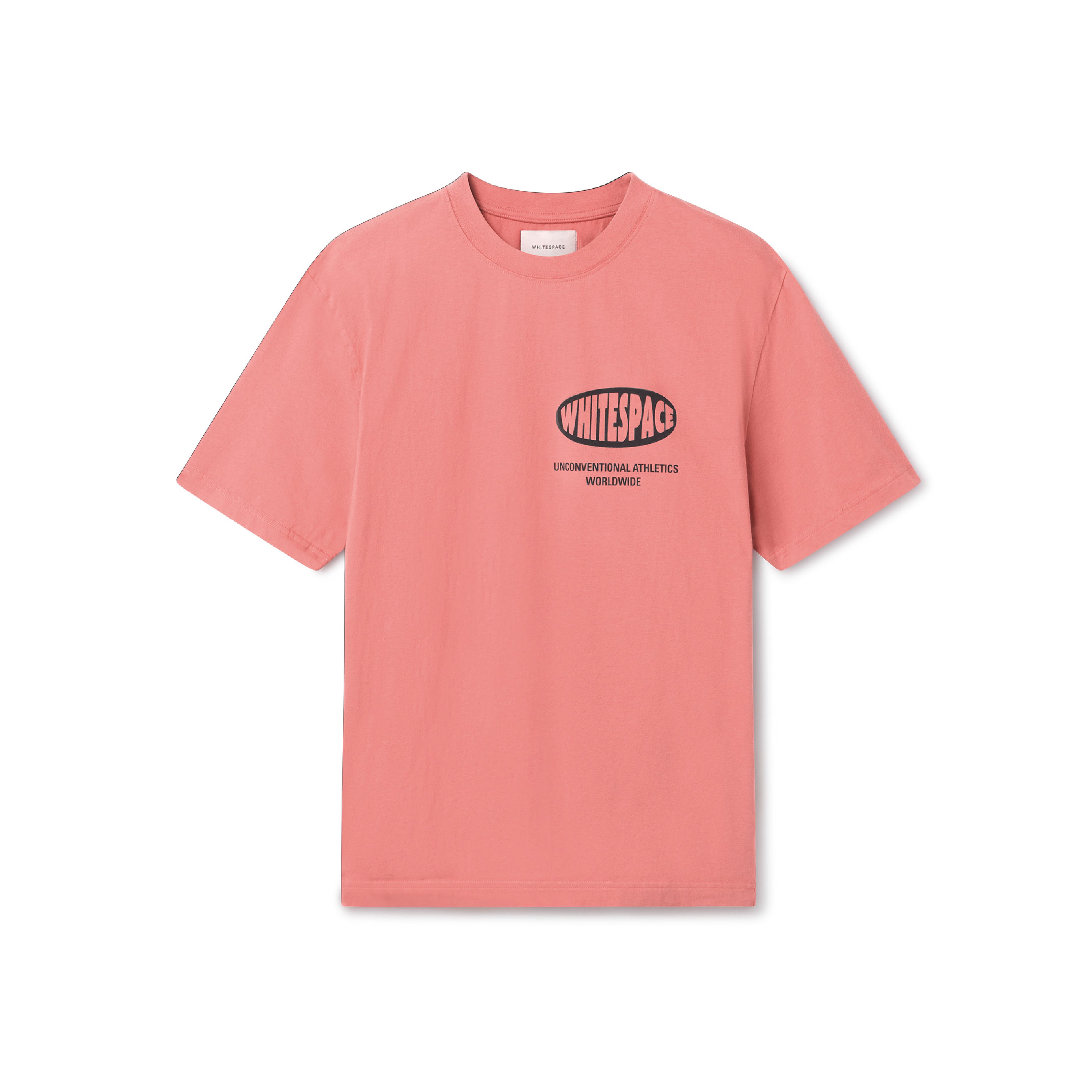 Pink t-shirt with WHITESPACE logo on the chest, on a white background