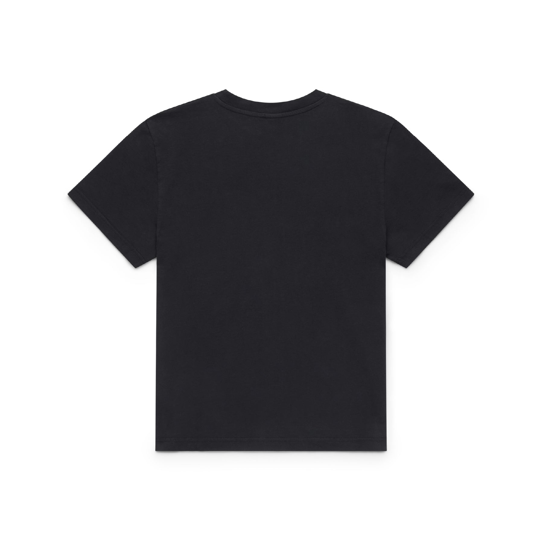 Back of black t-shirt on a white background