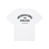 Back of white tee shirt showing large WHITESPACE graphic design, on a white background