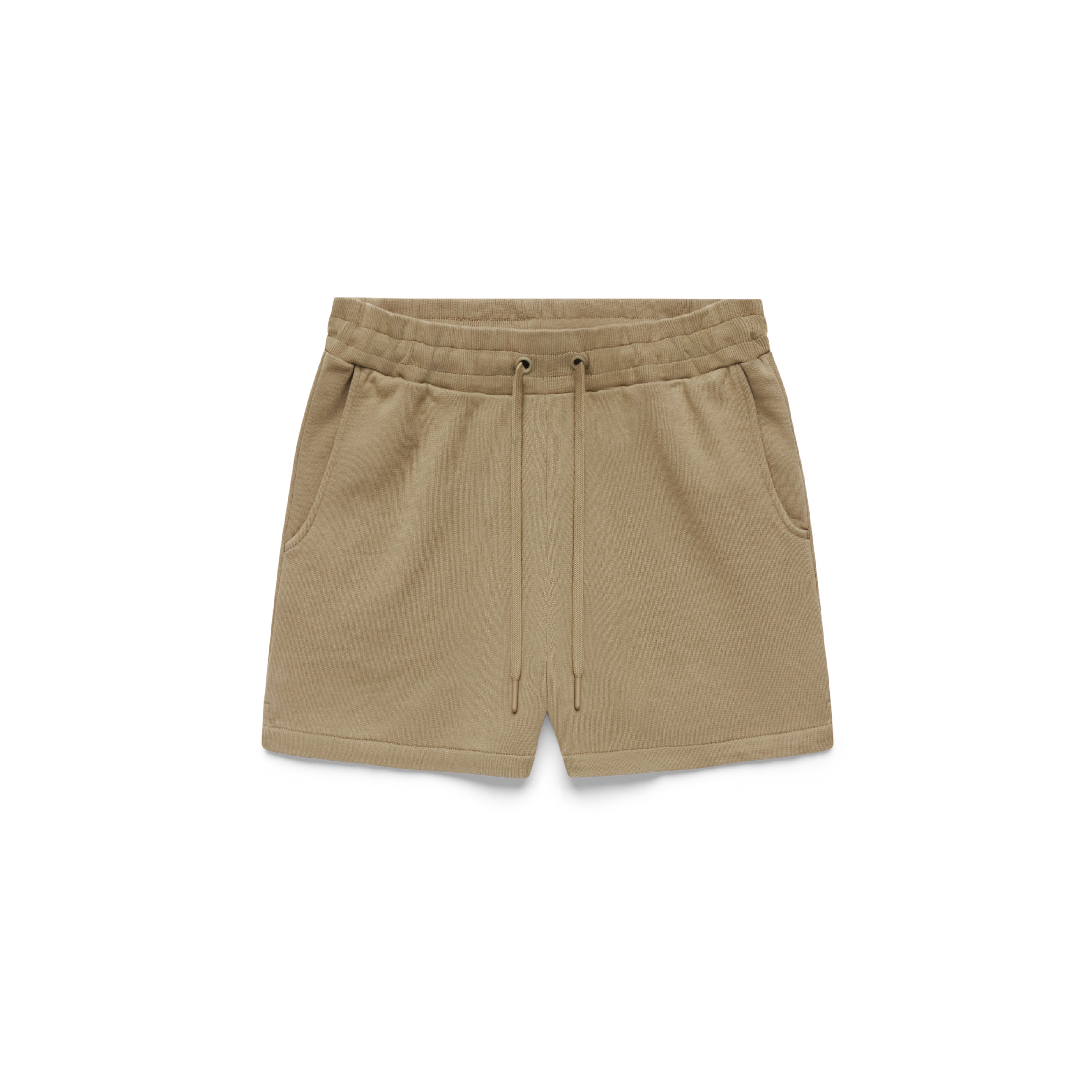 Beige sweatshorts with drawstrings, on a white background