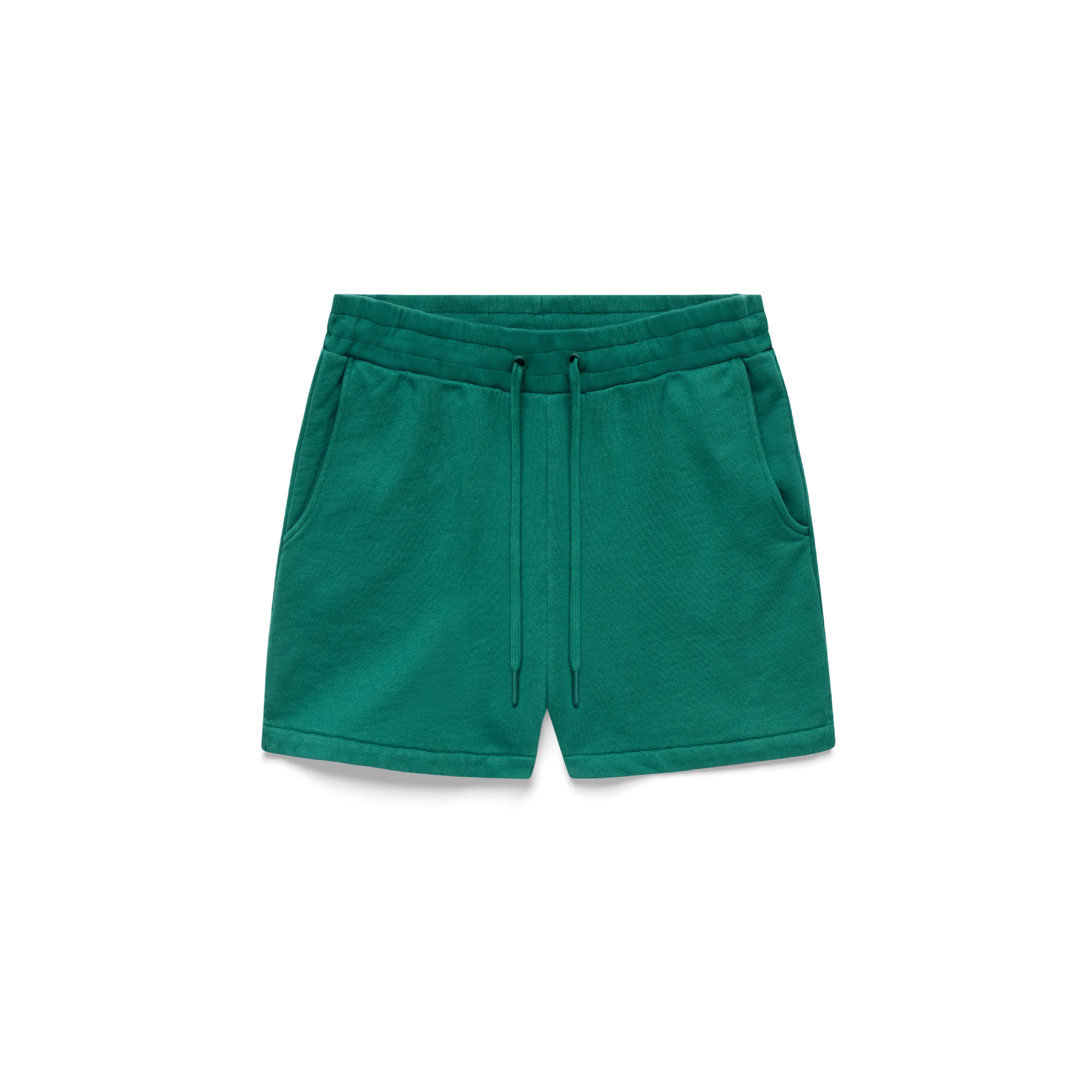 Rainforest green sweatshorts with drawstrings, on a white background