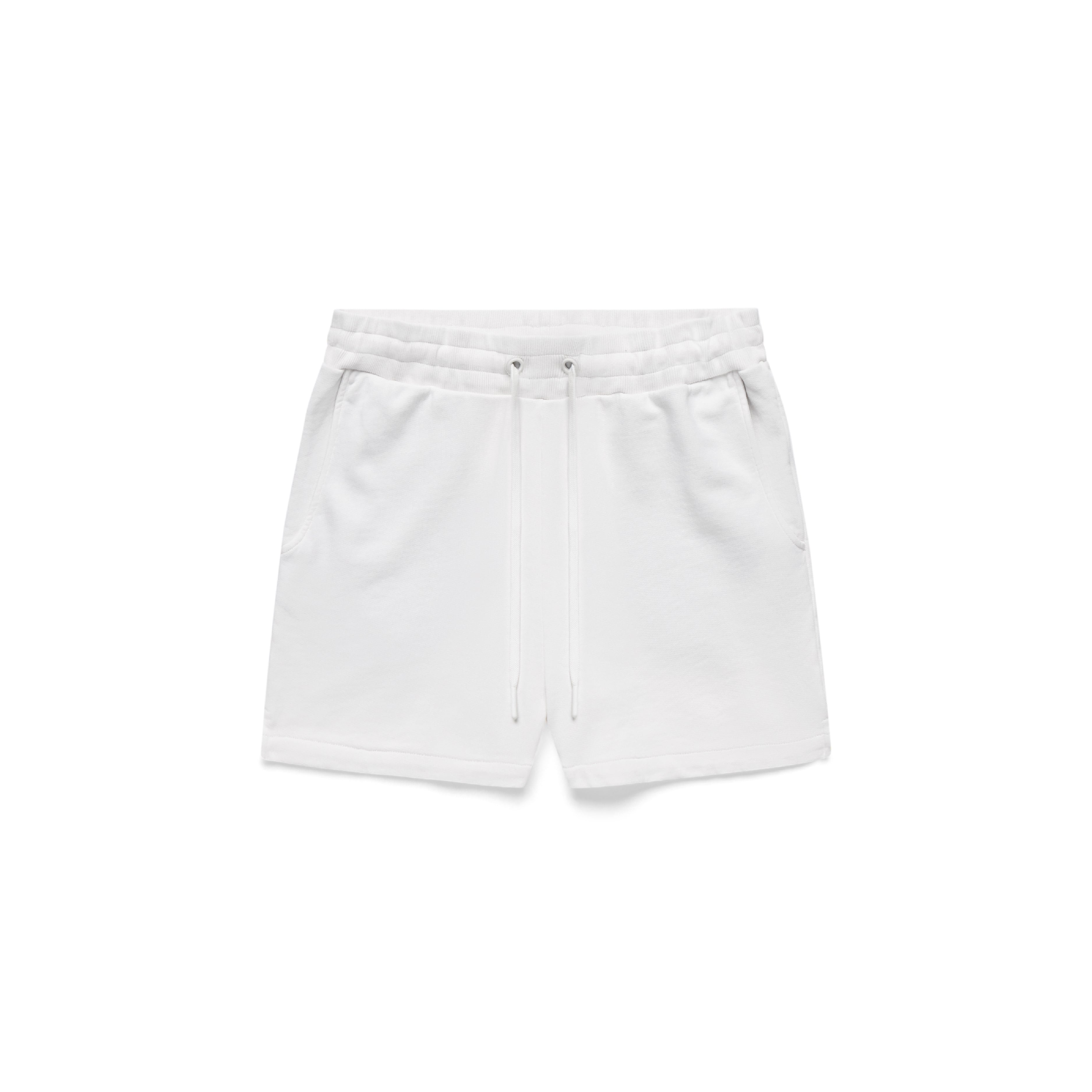 White sweatshorts with drawstrings, on a white background