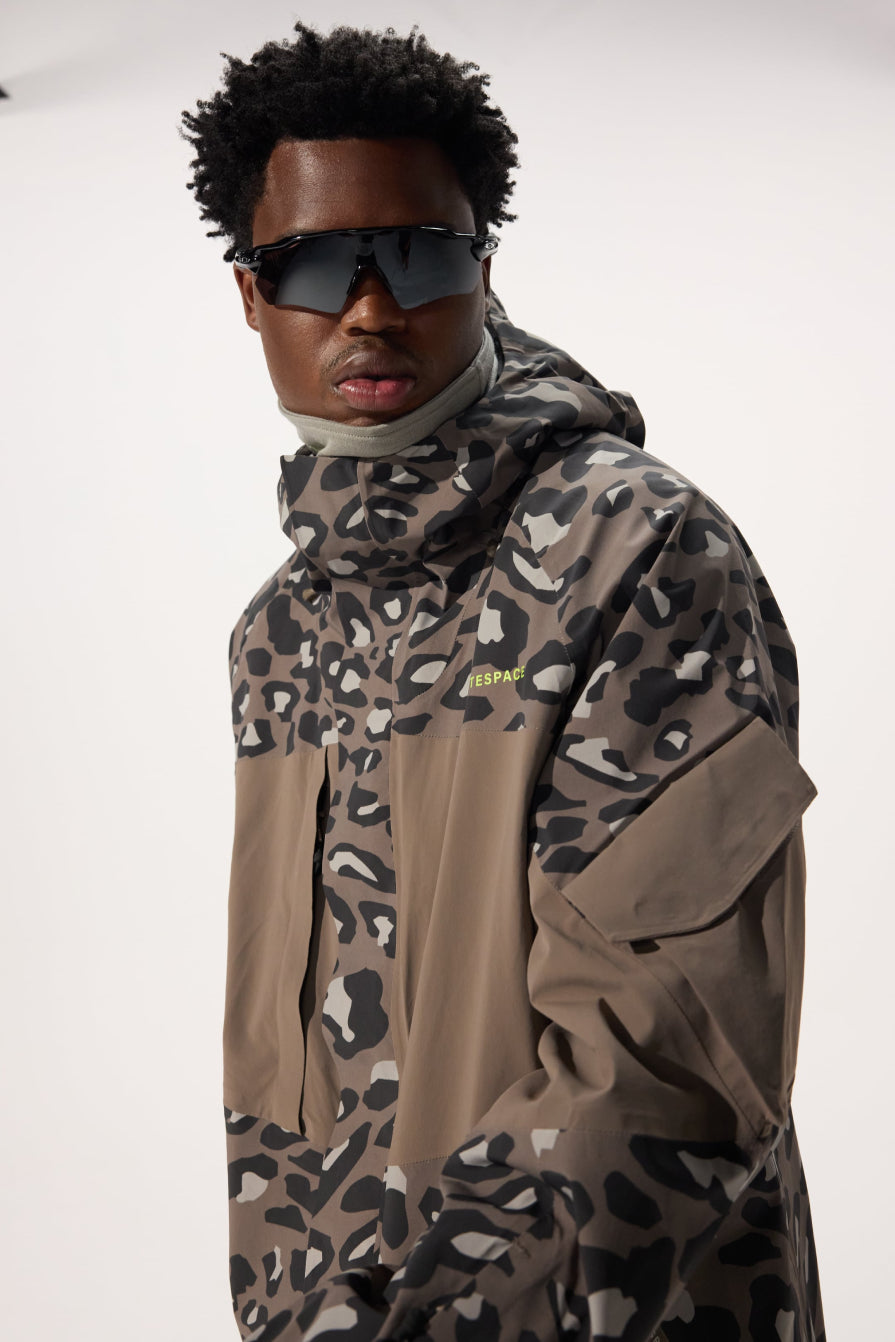 Model wearing the WHITESPACE AMF Cargo Jacket in Leopard