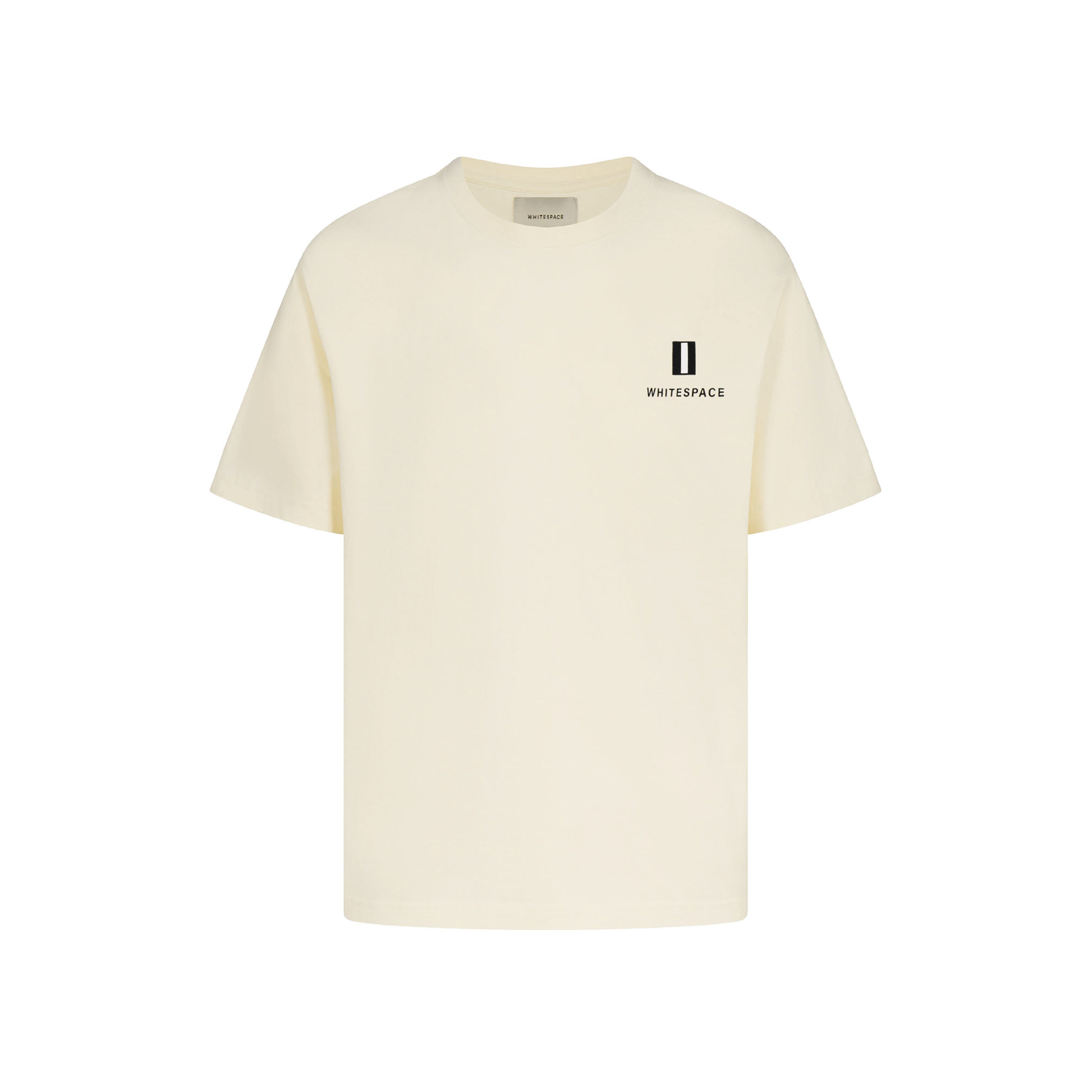 Beige t-shirt with a small WHITESPACE logo on a white background