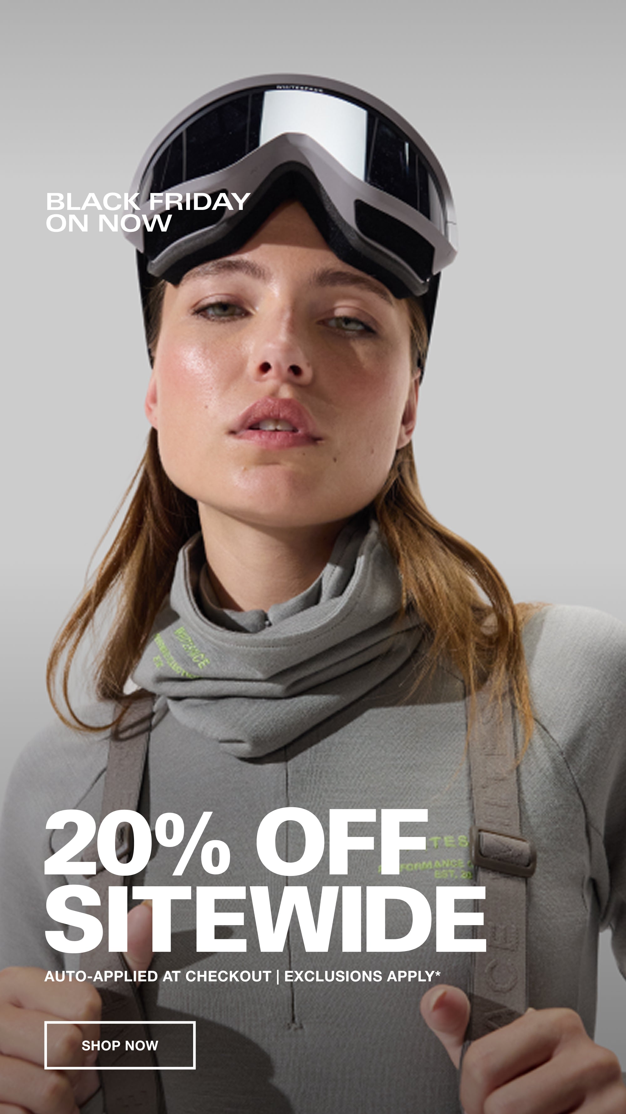 Model wearing WHITESPACE High Waisted Bib, Merino Mockneck, Merino Neck Gaiter and Dual Tone Goggles with Black Friday 20% off sitewide event displayed on gray background
